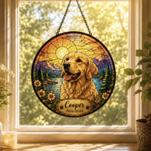 Tranh Treo Kính Màu Thú Cưng - In Hình Chó Mèo Theo Yêu Cầuửa sổ (suncatcher) in hình thú cưng của bạn theo phong cách kiếng màu nghệ thuật, có thể khắc tên và năm kỷ niệm. Thiết kế tròn tinh tế với nền phong cảnh hoàng hôn, hoa lá rực rỡ, kèm dây xích treo chắc chắn. Khi ánh nắng chiếu qua, hình thú cưng bừng sáng lấp lánh như kính màu thật. Món quà lưu niệm đầy cảm xúc dành cho người yêu chó mèo, hoặc để tưởng nhớ người bạn bốn chân thân yêu. Vui lòng gửi ảnh thú cưng rõ nét và tên mong muốn khi đặt hàng.